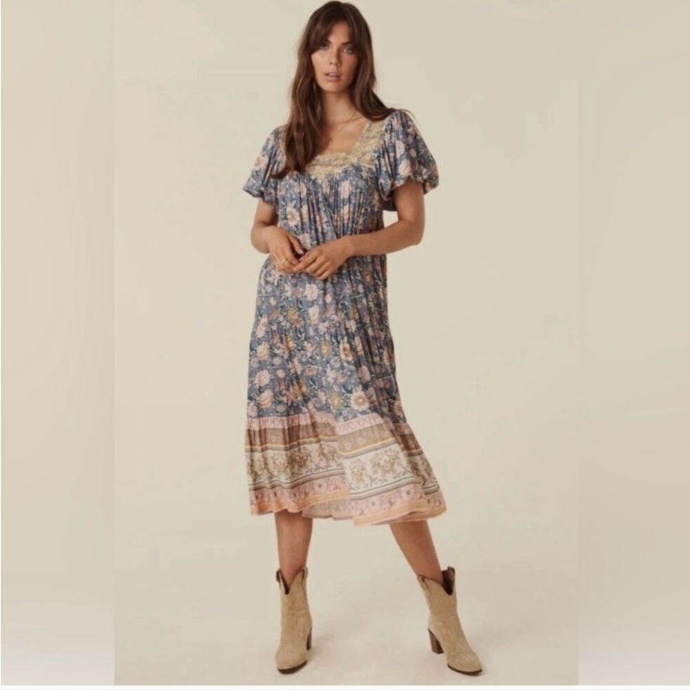 Spell & The Gypsy Collective Mossy Boho Short Puff Sleeve Midi Dress Size Small